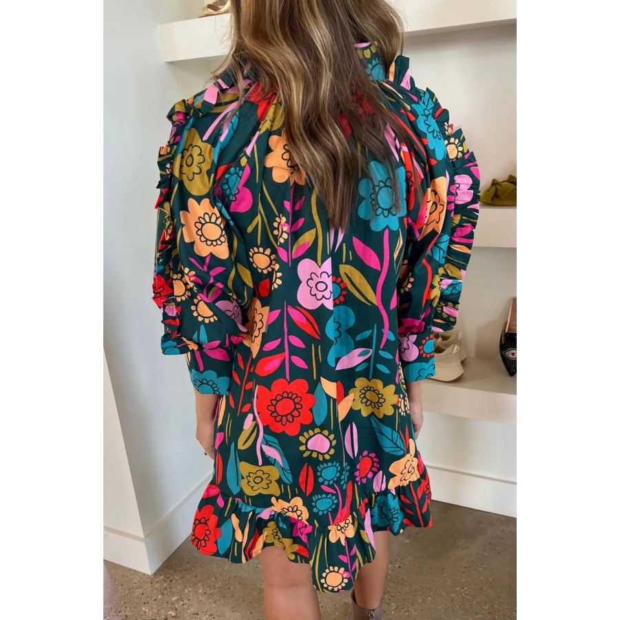 Green Floral Print Puff Sleeve Ruffled Mini Dress Dresses/Floral Dresses