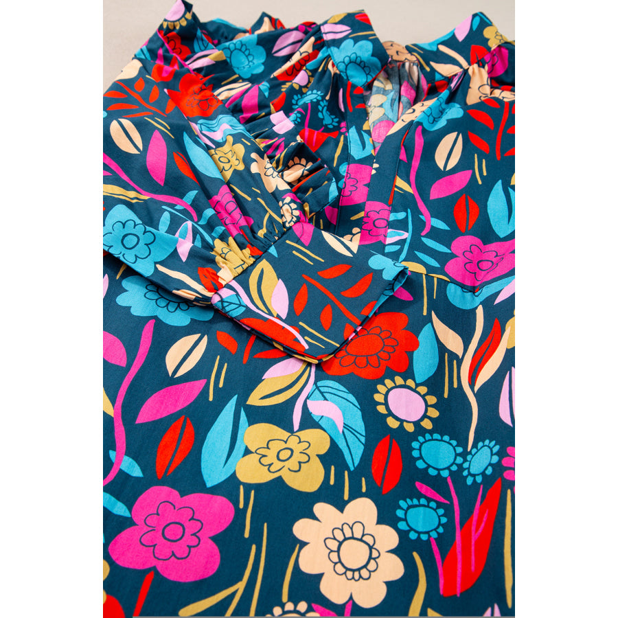 Green Floral Print Puff Sleeve Ruffled Mini Dress Dresses/Floral Dresses