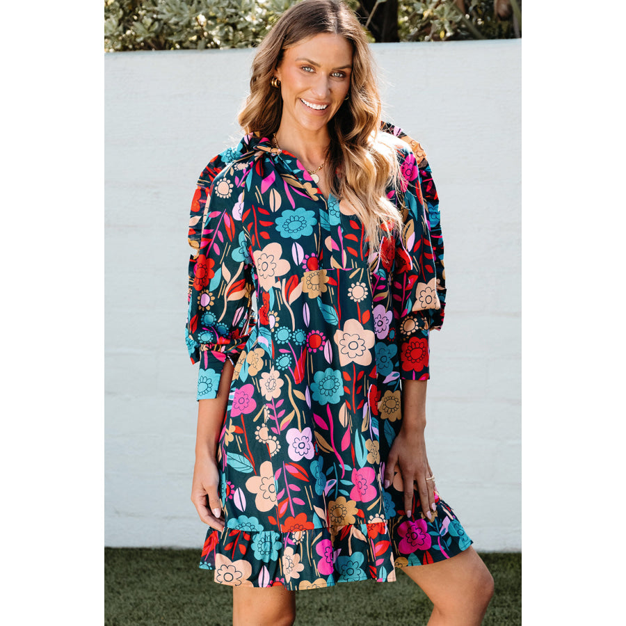 Green Floral Print Puff Sleeve Ruffled Mini Dress Dresses/Floral Dresses