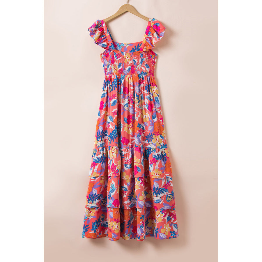 Green Floral Print Sleeveless Ruffle Tiered Maxi Dress Dresses/Floral Dresses