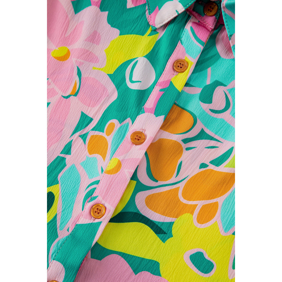 Green Floral Puff Sleeve Collar Buttoned Babydoll Dress Dresses/Floral Dresses