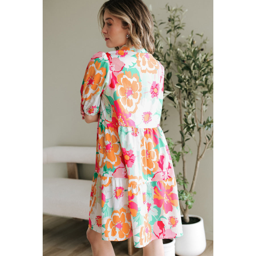 Green Floral Puff Sleeve Collar Buttoned Babydoll Dress Dresses/Floral Dresses