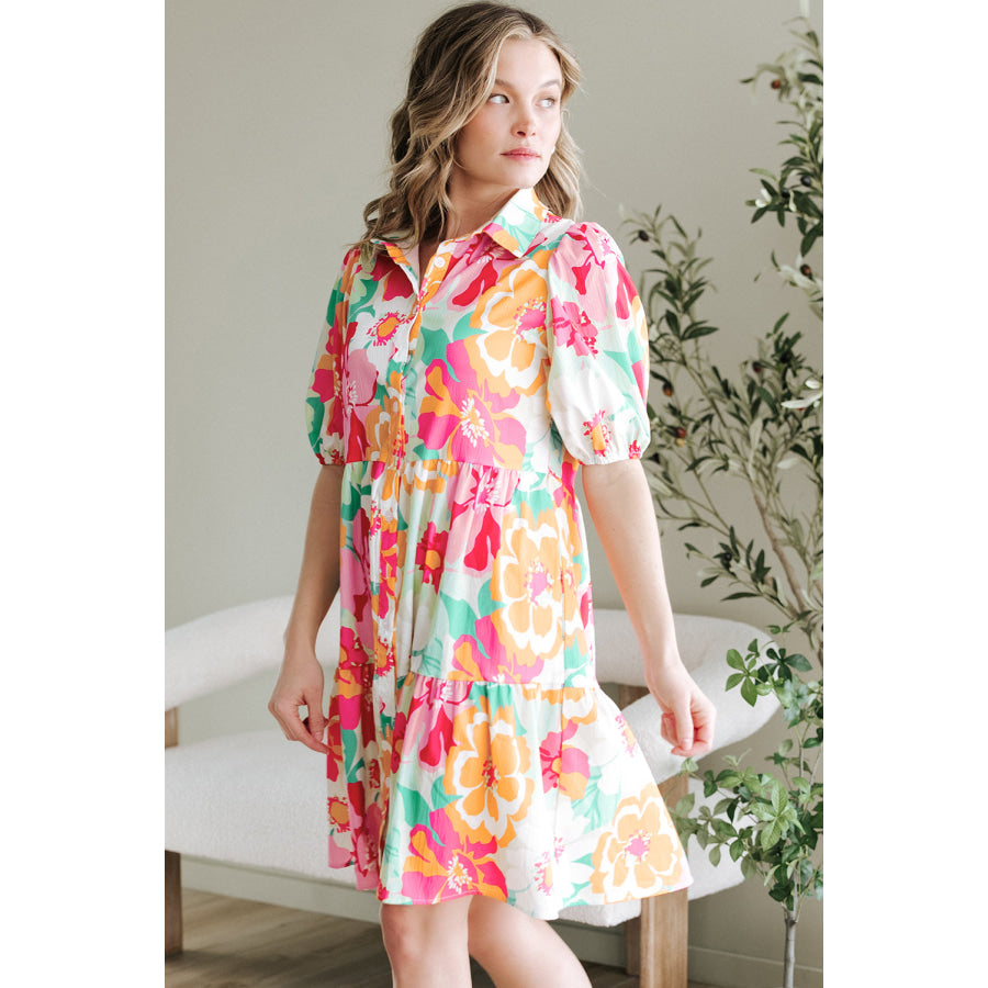 Green Floral Puff Sleeve Collar Buttoned Babydoll Dress Dresses/Floral Dresses