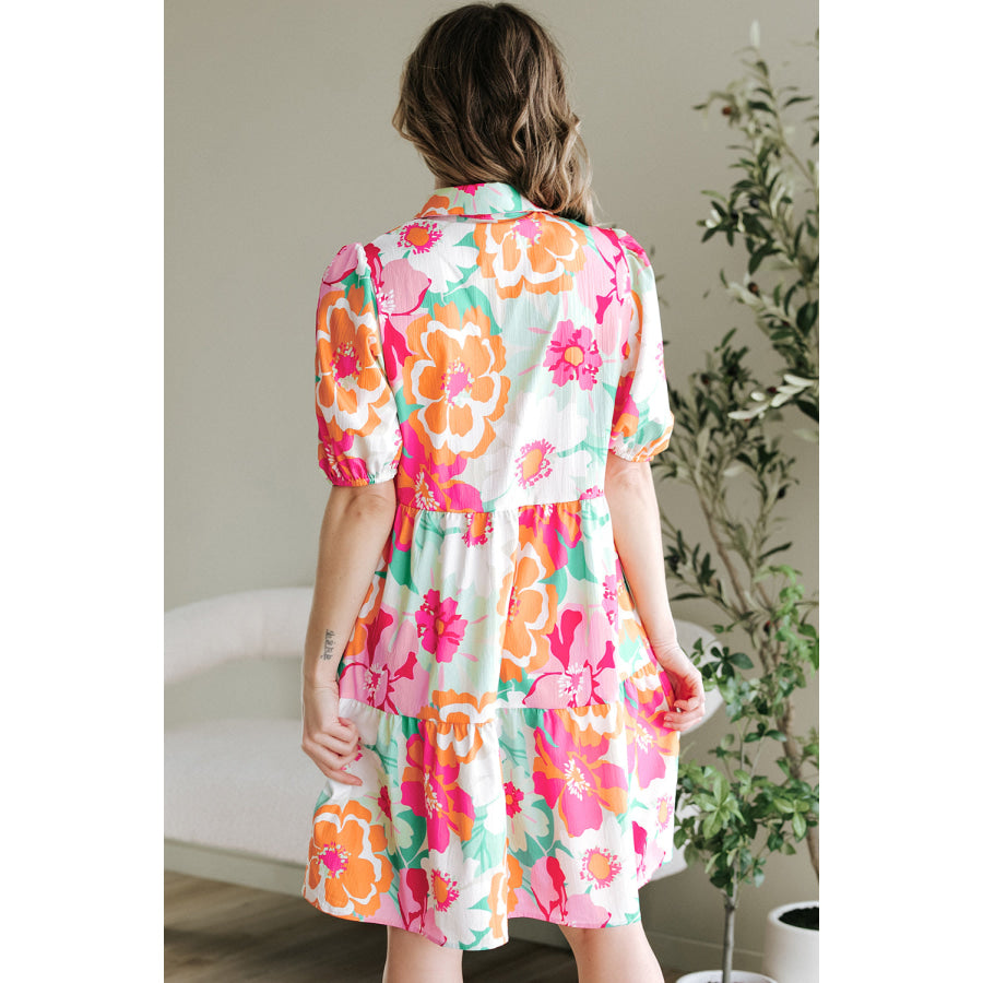 Green Floral Puff Sleeve Collar Buttoned Babydoll Dress Dresses/Floral Dresses