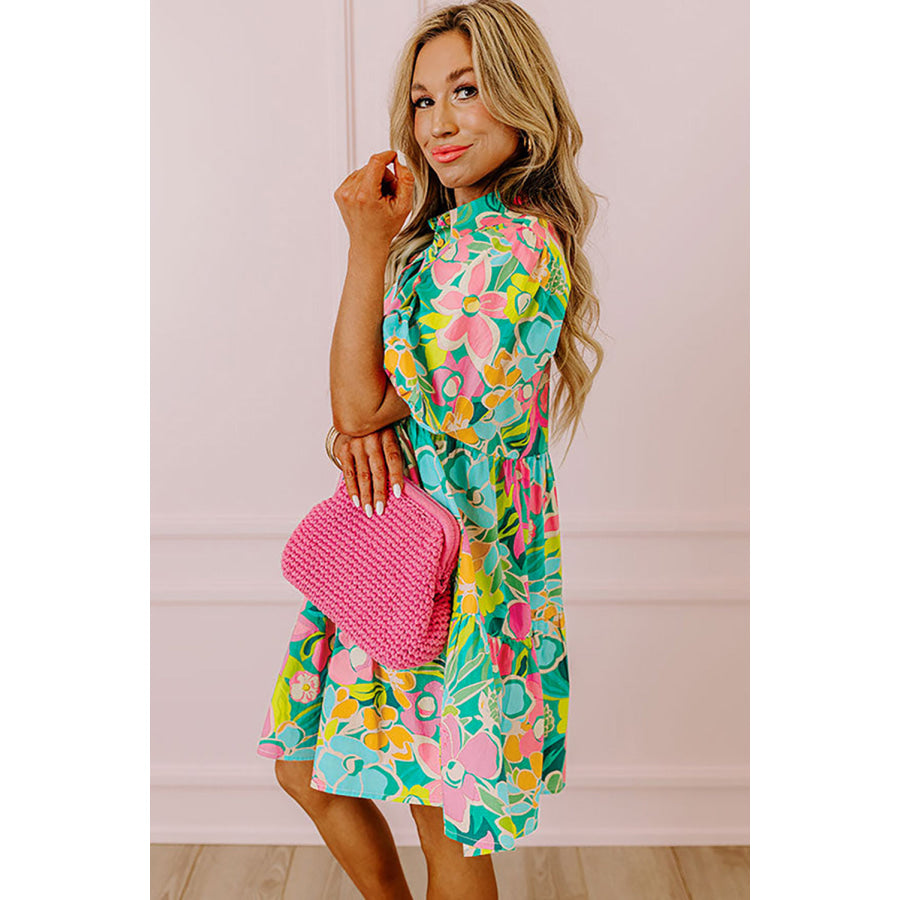 Green Floral Puff Sleeve Collar Buttoned Babydoll Dress Dresses/Floral Dresses