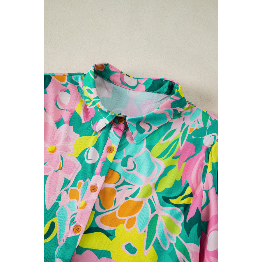 Green Floral Puff Sleeve Collar Buttoned Babydoll Dress Dresses/Floral Dresses