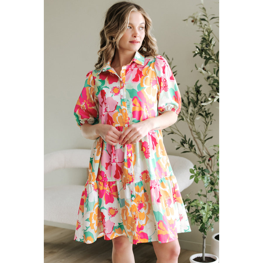 Green Floral Puff Sleeve Collar Buttoned Babydoll Dress Dresses/Floral Dresses