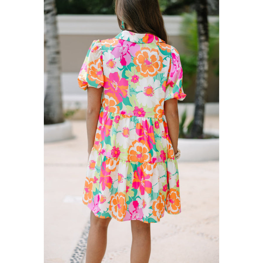 Green Floral Puff Sleeve Collar Buttoned Babydoll Dress Dresses/Floral Dresses
