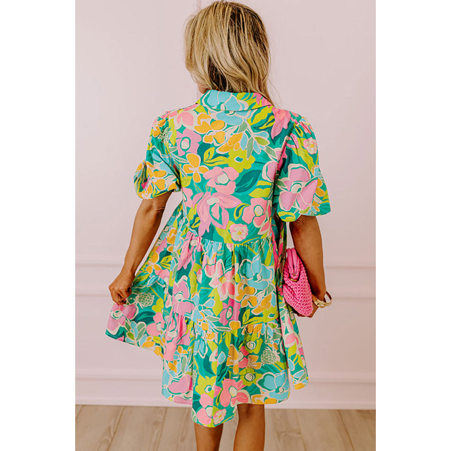 Green Floral Puff Sleeve Collar Buttoned Babydoll Dress Green / S / 100% Polyester Dresses/Floral Dresses