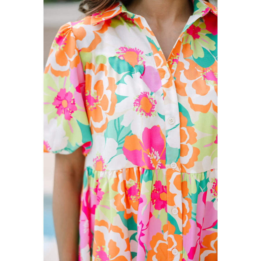 Green Floral Puff Sleeve Collar Buttoned Babydoll Dress Dresses/Floral Dresses