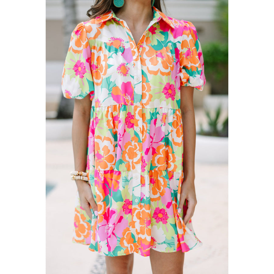 Green Floral Puff Sleeve Collar Buttoned Babydoll Dress Dresses/Floral Dresses