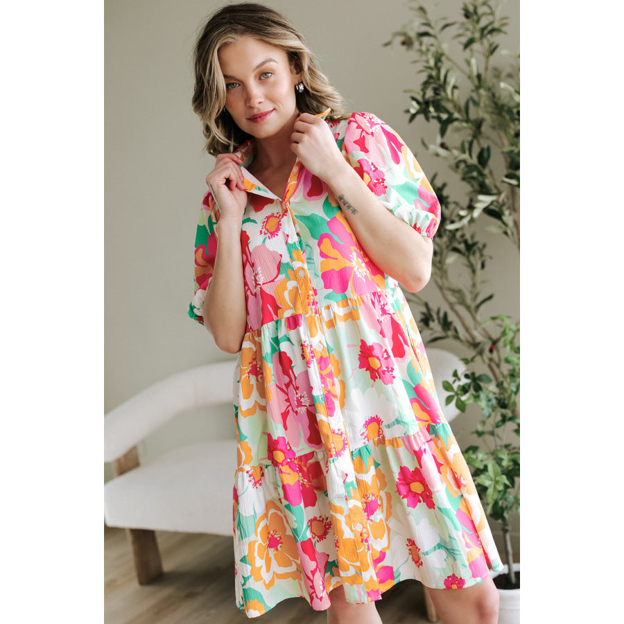 Green Floral Puff Sleeve Collar Buttoned Babydoll Dress Dresses/Floral Dresses