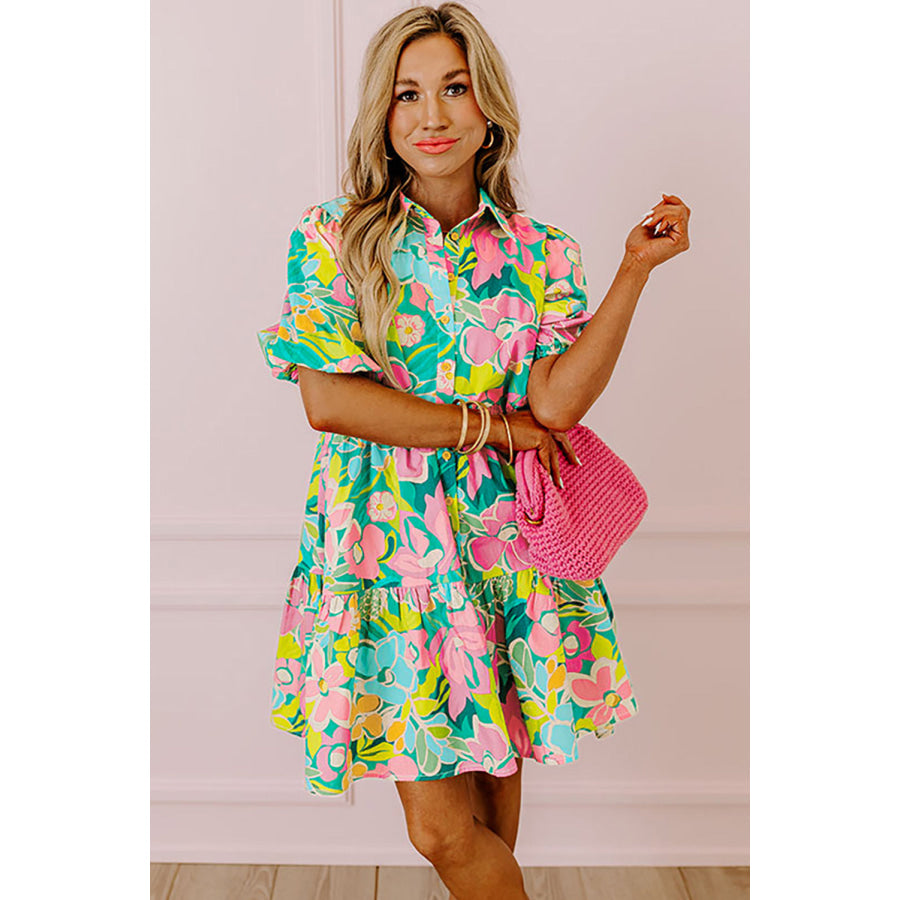 Green Floral Puff Sleeve Collar Buttoned Babydoll Dress Dresses/Floral Dresses