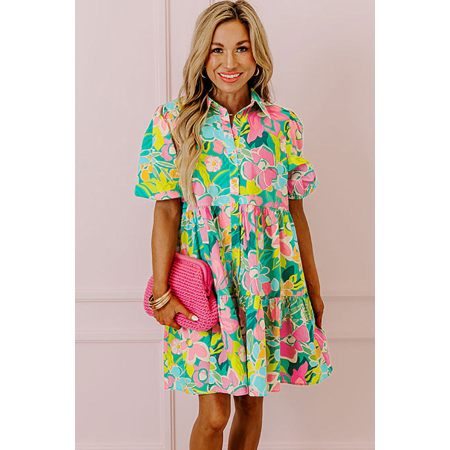 Green Floral Puff Sleeve Collar Buttoned Babydoll Dress Dresses/Floral Dresses