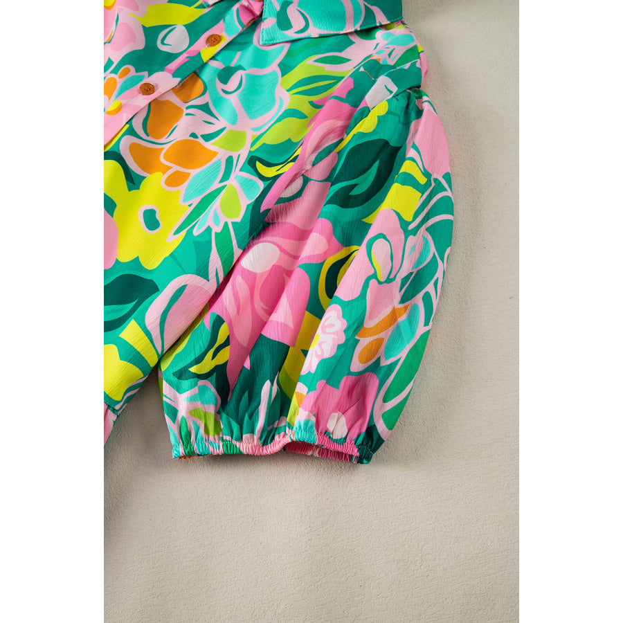 Green Floral Puff Sleeve Collar Buttoned Babydoll Dress Dresses/Floral Dresses