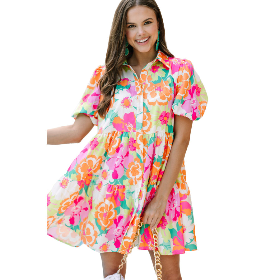Green Floral Puff Sleeve Collar Buttoned Babydoll Dress Dresses/Floral Dresses
