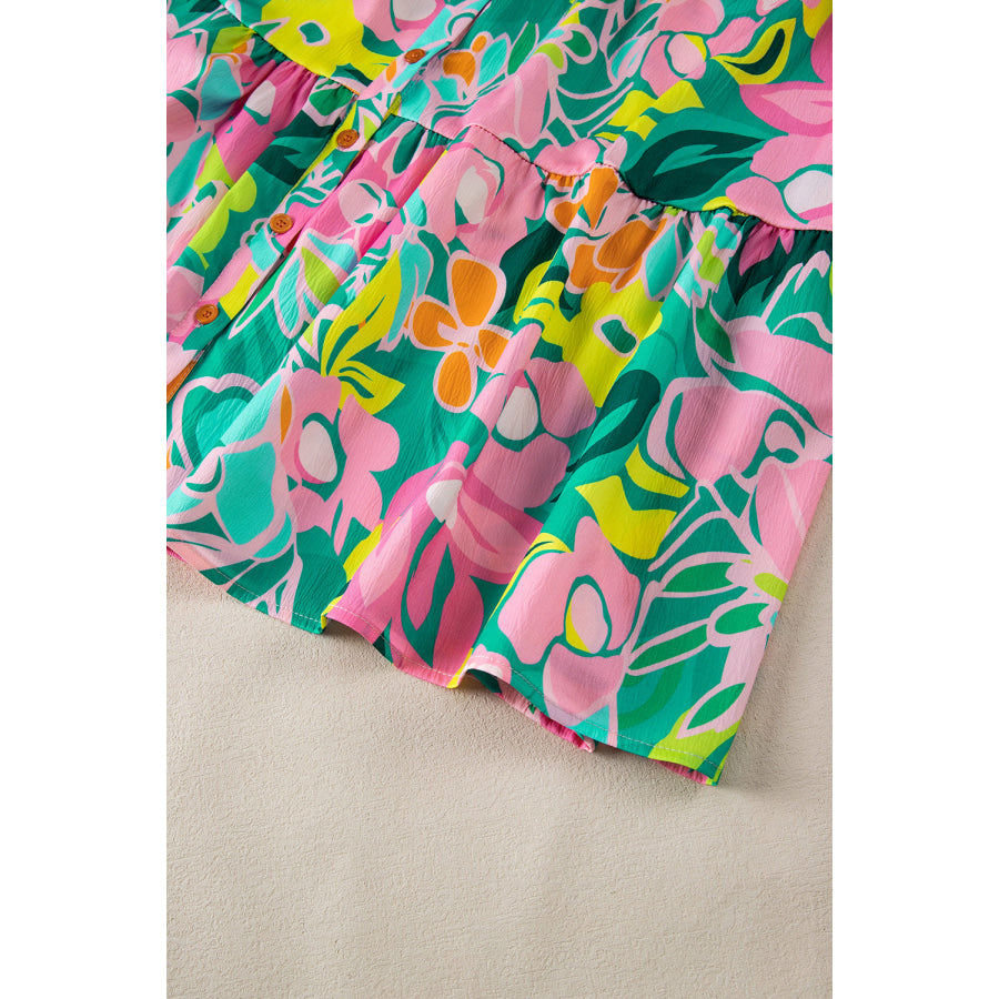 Green Floral Puff Sleeve Collar Buttoned Babydoll Dress Dresses/Floral Dresses