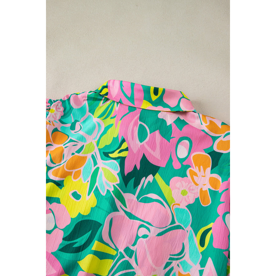 Green Floral Puff Sleeve Collar Buttoned Babydoll Dress Dresses/Floral Dresses