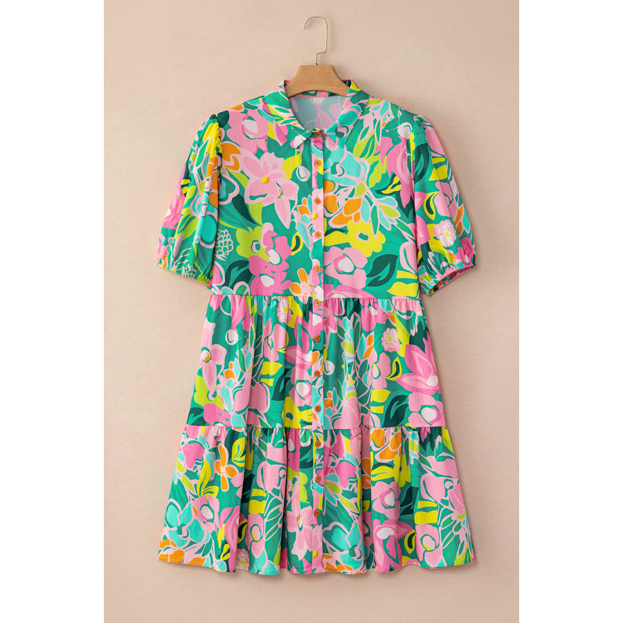 Green Floral Puff Sleeve Collar Buttoned Babydoll Dress Dresses/Floral Dresses