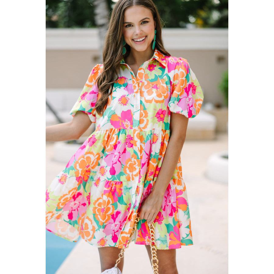 Green Floral Puff Sleeve Collar Buttoned Babydoll Dress Dresses/Floral Dresses