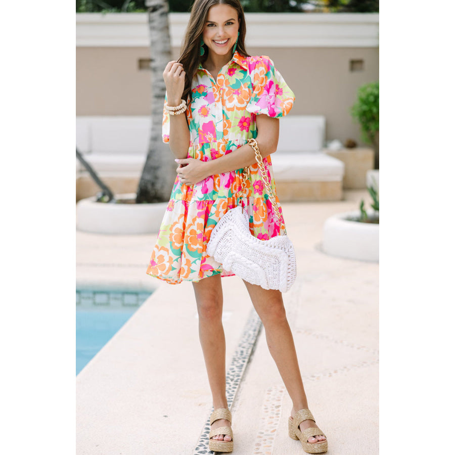 Green Floral Puff Sleeve Collar Buttoned Babydoll Dress Dresses/Floral Dresses