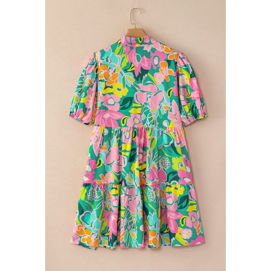 Green Floral Puff Sleeve Collar Buttoned Babydoll Dress Dresses/Floral Dresses