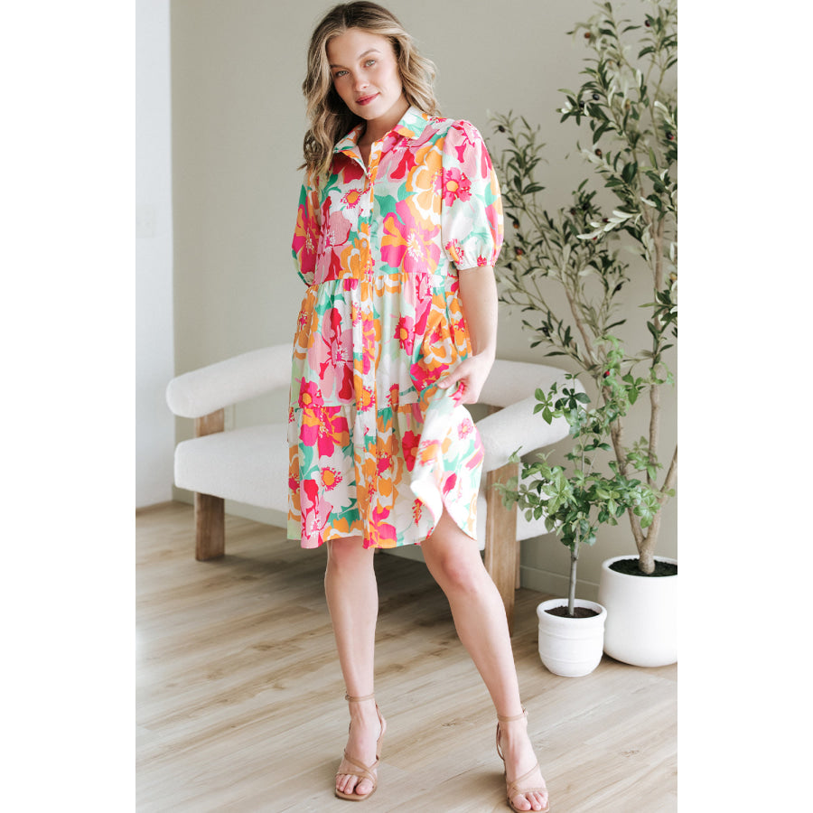 Green Floral Puff Sleeve Collar Buttoned Babydoll Dress Dresses/Floral Dresses