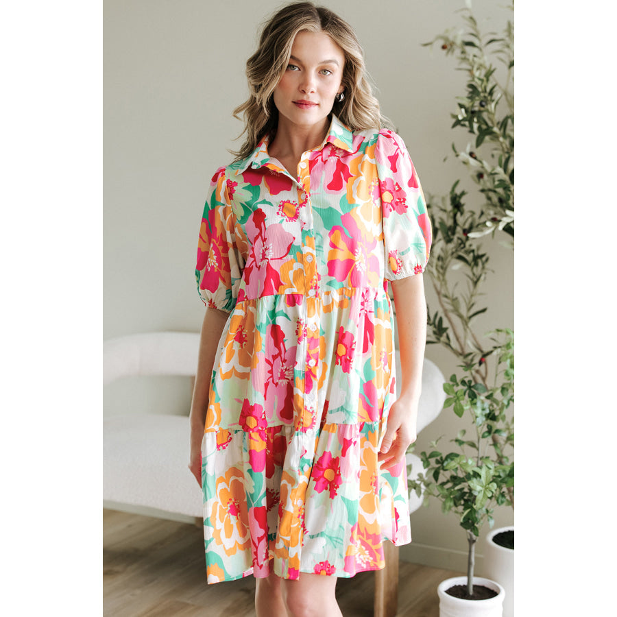 Green Floral Puff Sleeve Collar Buttoned Babydoll Dress Dresses/Floral Dresses