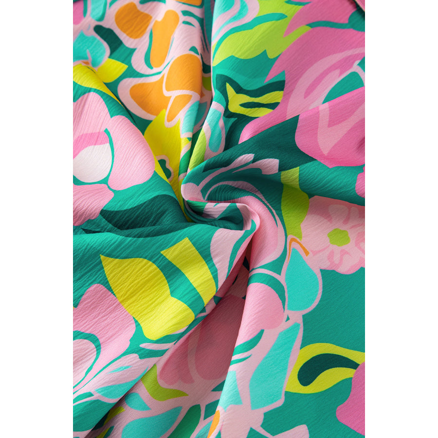 Green Floral Puff Sleeve Collar Buttoned Babydoll Dress Dresses/Floral Dresses