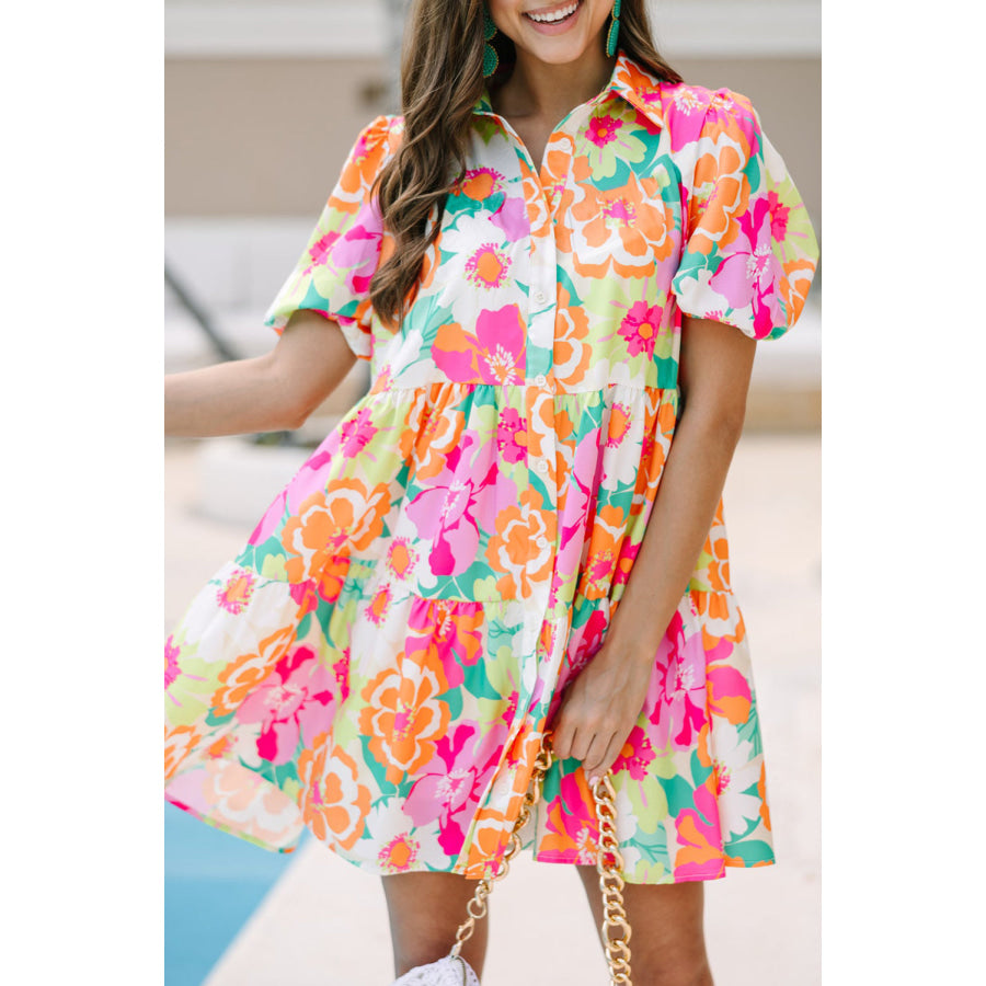 Green Floral Puff Sleeve Collar Buttoned Babydoll Dress Pink / S / 100% Polyester Dresses/Floral Dresses