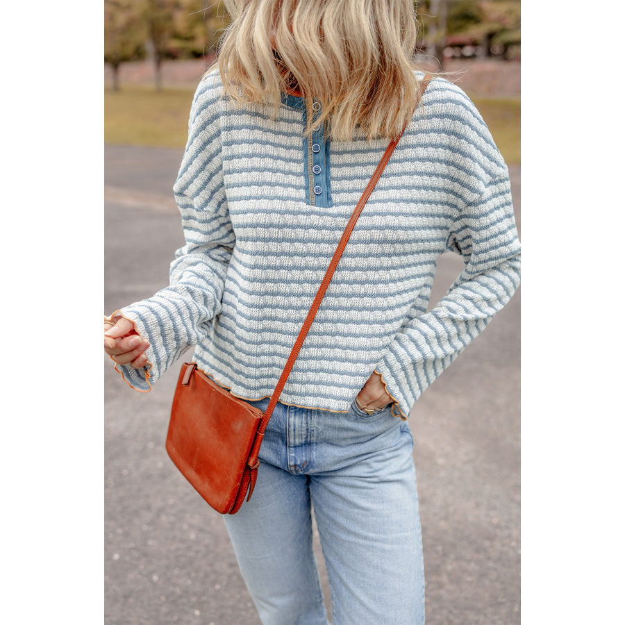 Green Stripe Textured Frilly Trim Buttons Henley Long Sleeve Top Sky Blue Stripe / S / 50% Cotton + 47% Polyester + 3% Elastane Tops/Long