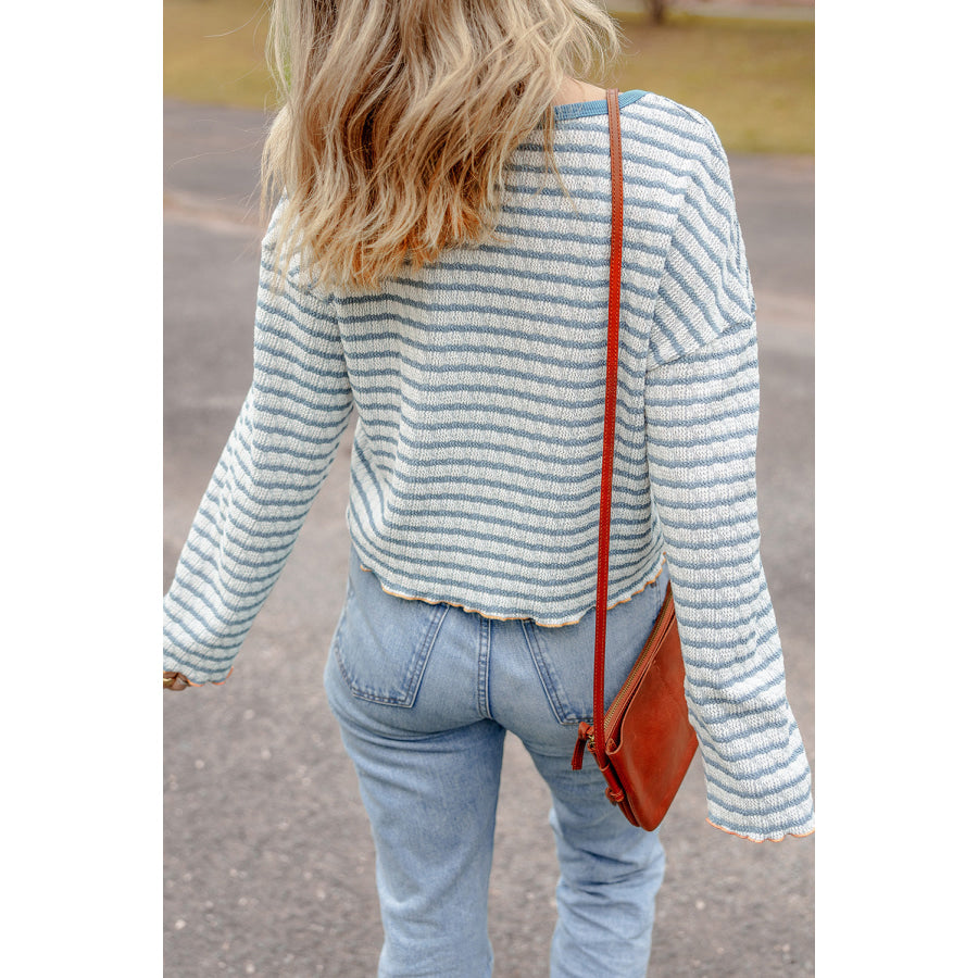Green Stripe Textured Frilly Trim Buttons Henley Long Sleeve Top Tops/Long Sleeve Tops
