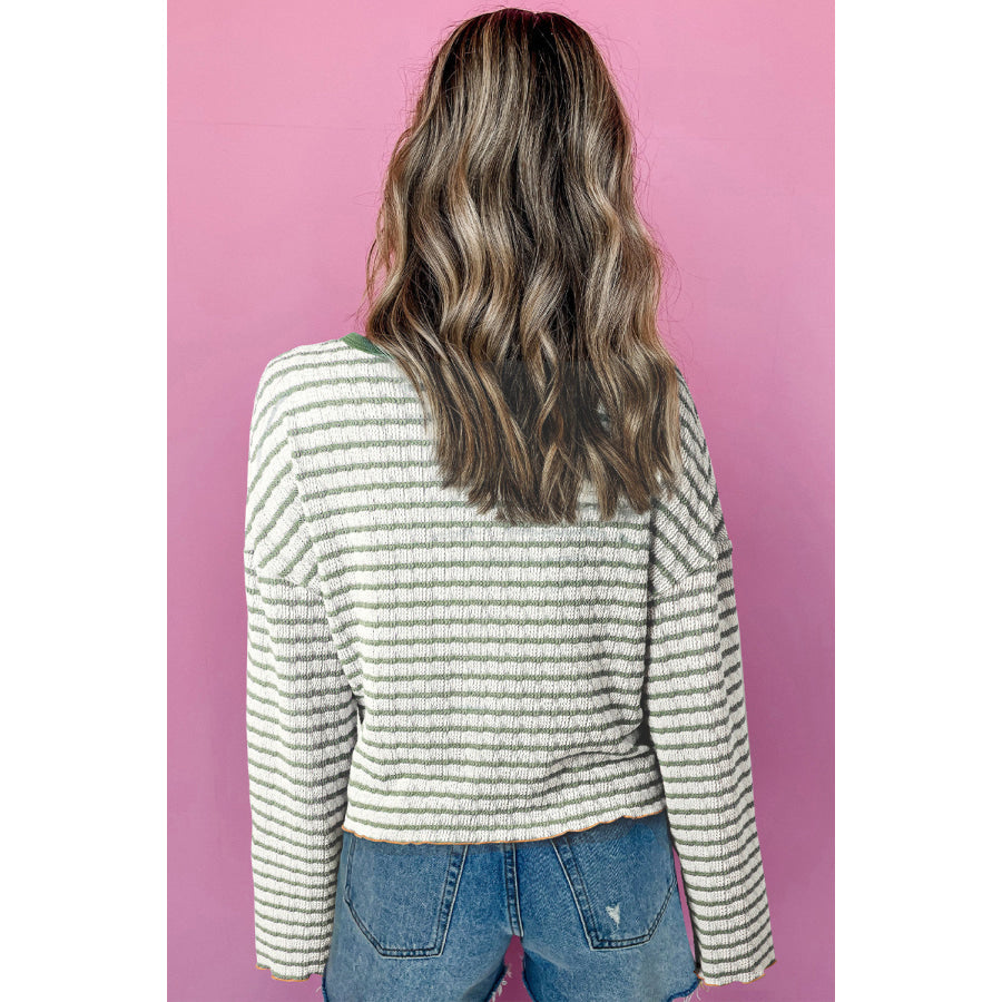 Green Stripe Textured Frilly Trim Buttons Henley Long Sleeve Top Green Stripe / S / 50% Cotton + 47% Polyester + 3% Elastane Tops/Long