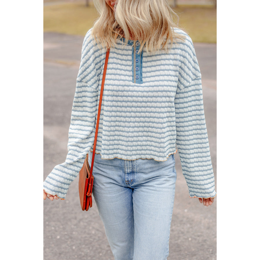 Green Stripe Textured Frilly Trim Buttons Henley Long Sleeve Top Tops/Long Sleeve Tops