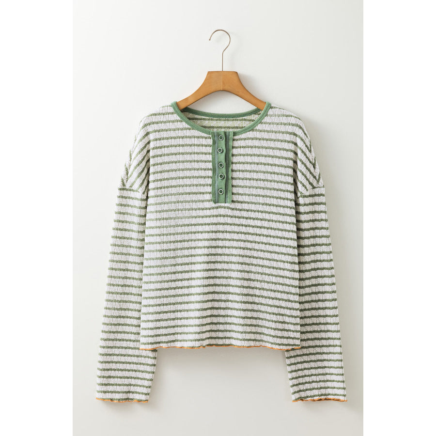 Green Stripe Textured Frilly Trim Buttons Henley Long Sleeve Top Tops/Long Sleeve Tops