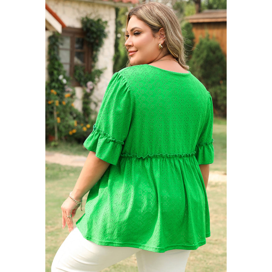 Green Textured Frilled Short Sleeve Plus Size Babydoll Blouse Plus Size/Plus Size Tops/Plus Size Blouses & Shirts