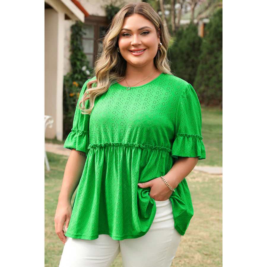 Green Textured Frilled Short Sleeve Plus Size Babydoll Blouse Plus Size/Plus Size Tops/Plus Size Blouses & Shirts