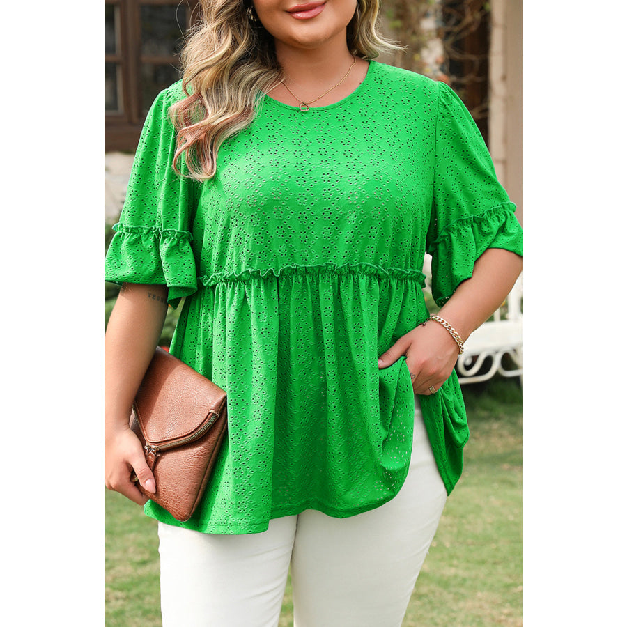 Green Textured Frilled Short Sleeve Plus Size Babydoll Blouse Plus Size/Plus Size Tops/Plus Size Blouses & Shirts