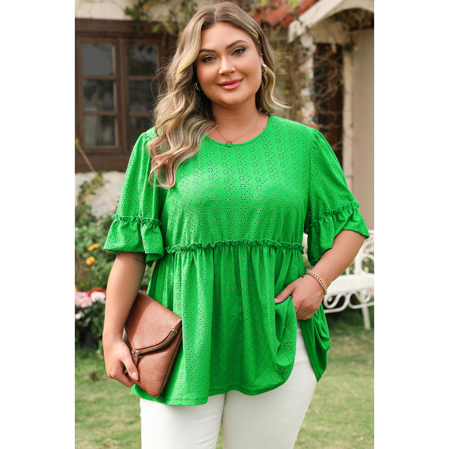 Green Textured Frilled Short Sleeve Plus Size Babydoll Blouse Plus Size/Plus Size Tops/Plus Size Blouses & Shirts