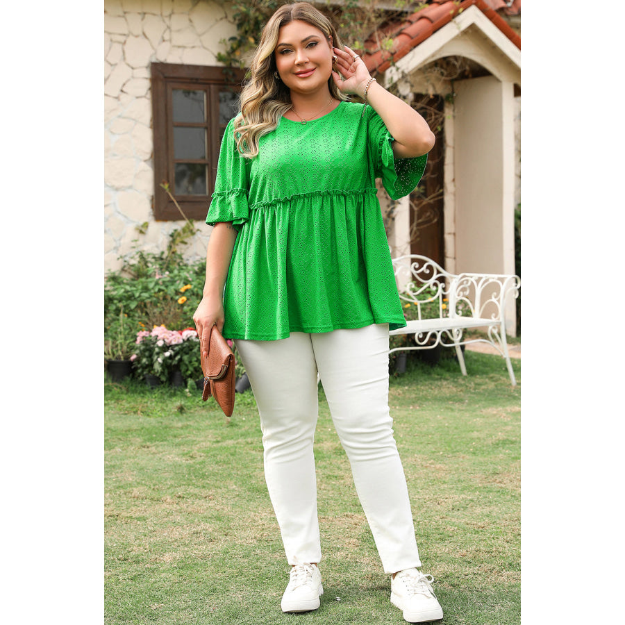 Green Textured Frilled Short Sleeve Plus Size Babydoll Blouse Plus Size/Plus Size Tops/Plus Size Blouses & Shirts