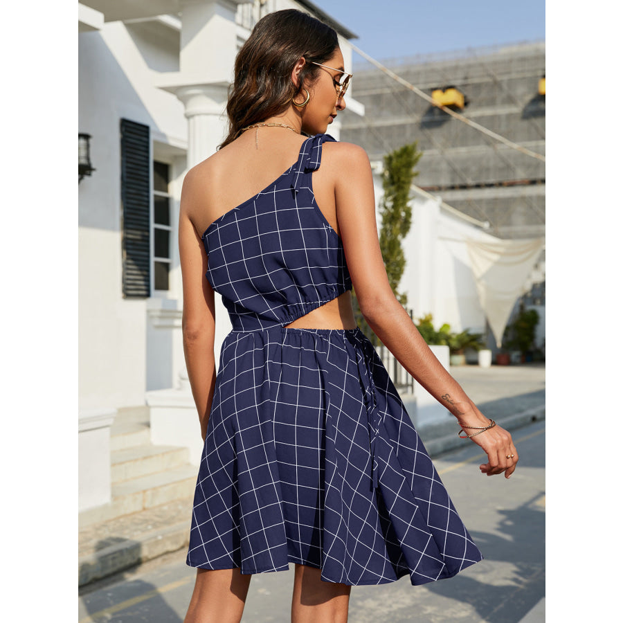 Grid One-Shoulder Tied Cutout Dress