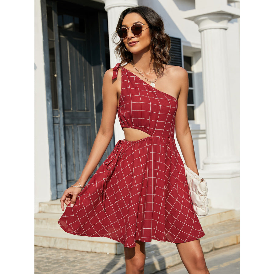 Grid One-Shoulder Tied Cutout Dress