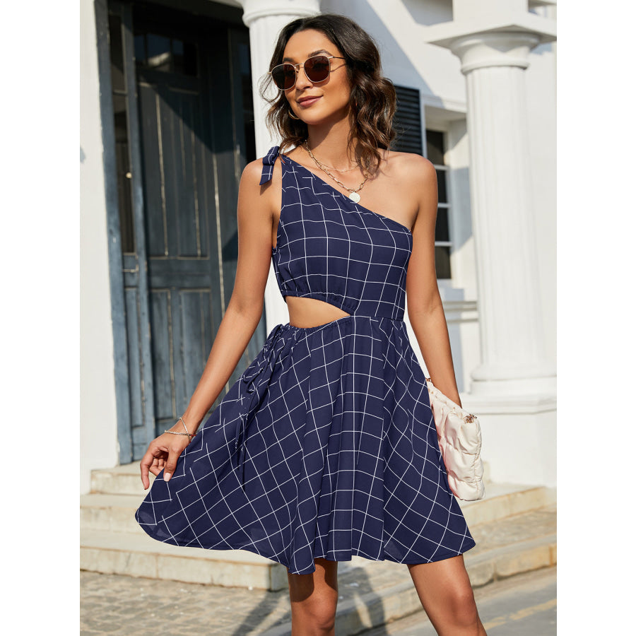 Grid One-Shoulder Tied Cutout Dress