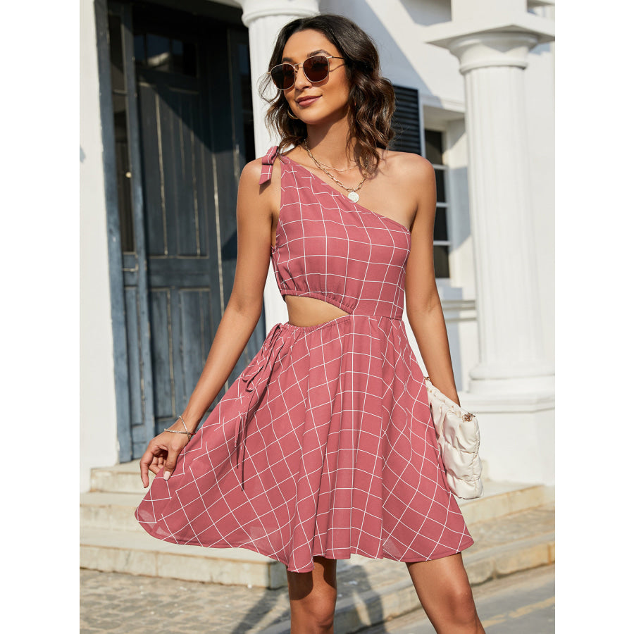 Grid One-Shoulder Tied Cutout Dress