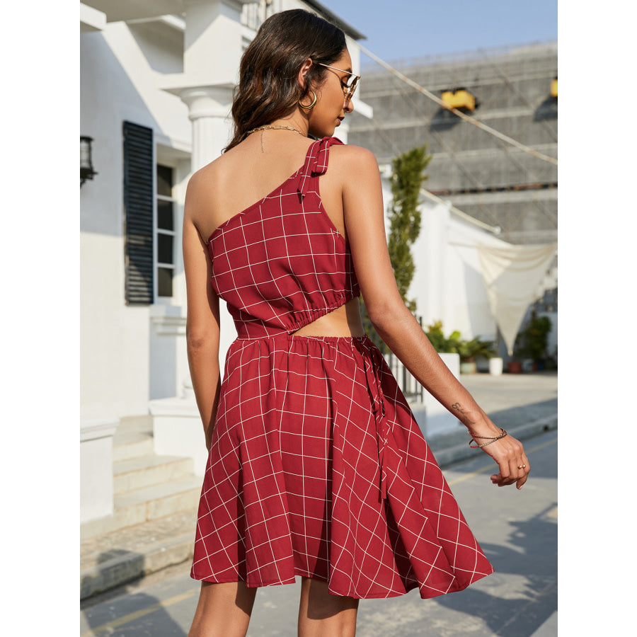 Grid One-Shoulder Tied Cutout Dress