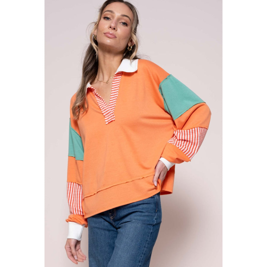Hailey & Co Color Block Top with Striped Panel Coral / S Apparel and Accessories