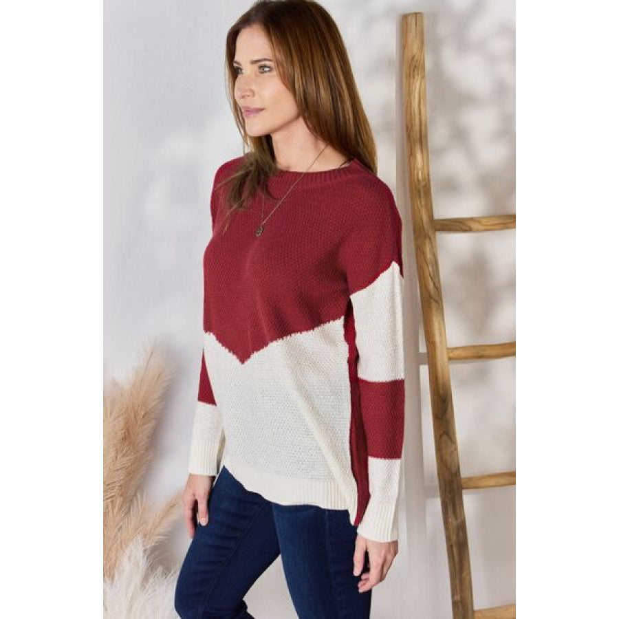 Hailey & Co Full Size Color Block Dropped Shoulder Knit Top Red / S Clothing
