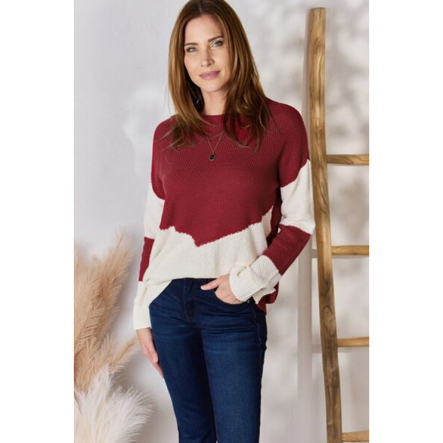 Hailey & Co Full Size Color Block Dropped Shoulder Knit Top Red / S Clothing
