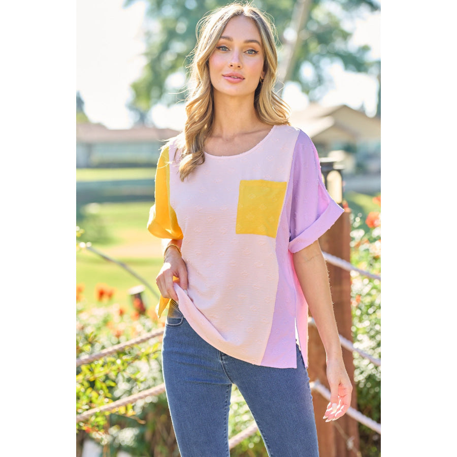 Hailey & Co Full Size Color Block Short Sleeve Top Yellow / S Apparel and Accessories