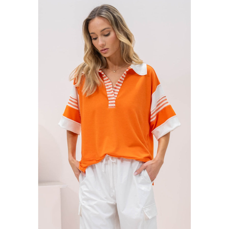 Hailey & Co Full Size Contrast Stripe Polo Shirt Apparel and Accessories